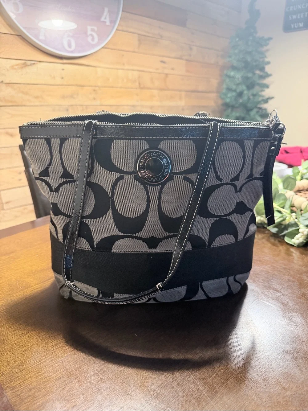 Coach Black and Gray Signature Canvas Tote. Minor wear on handle